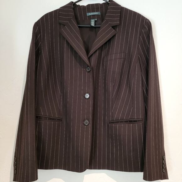 Lauren Ralph Lauren Classic Wool Brown and Tan Pinstripe Blazer Jacket-Size 18W - Picture 1 of 10